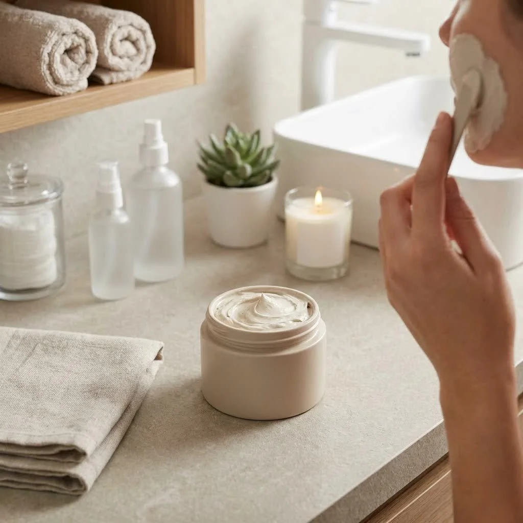 Woman wearing an FDA cleared LED face mask for radiant skin